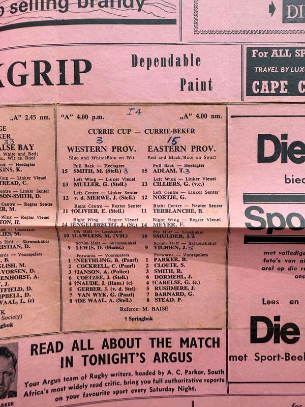 Rugby Programme - Western-Province vs Eastern-Province 24/08/1968
