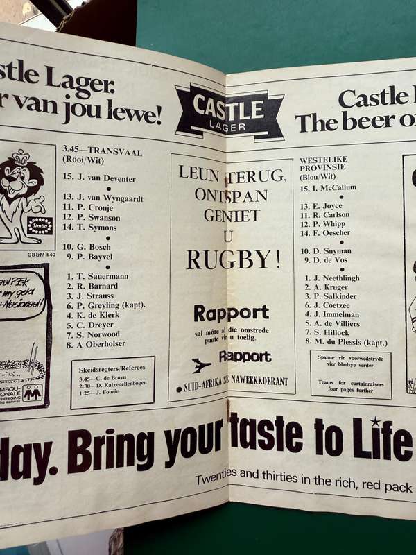 Rugby Programme - Transvaal vs Western-Province 1972
