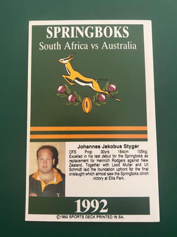 Rugby Card - 1992 Sports Deck : Johan Styger