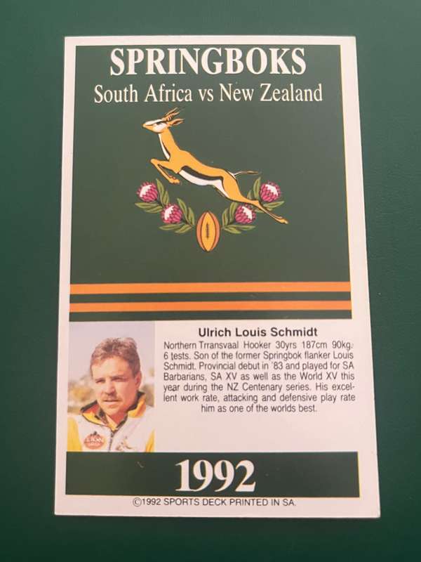Rugby Card - 1992 Sports Deck Rugby Card : Uli Schmidt (vs Nz)