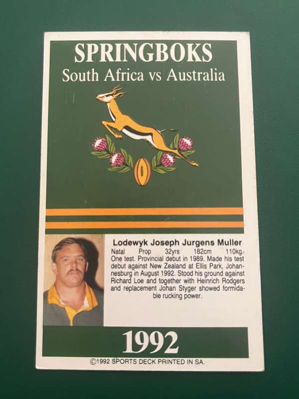 Rugby card - Lood Muller 1992 Sports Deck Rugby Card