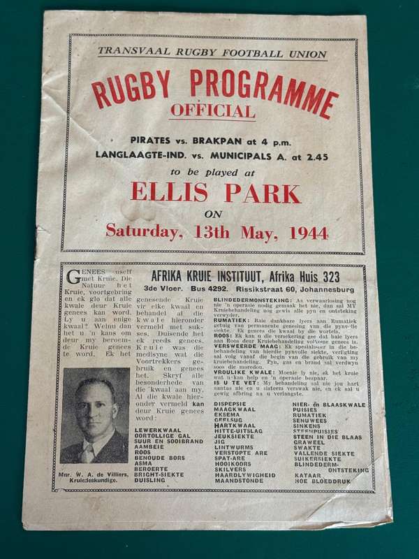 Rugby Programme - Pirates Rugby Club vs Brakpan Rugby Club 13/05/1944
