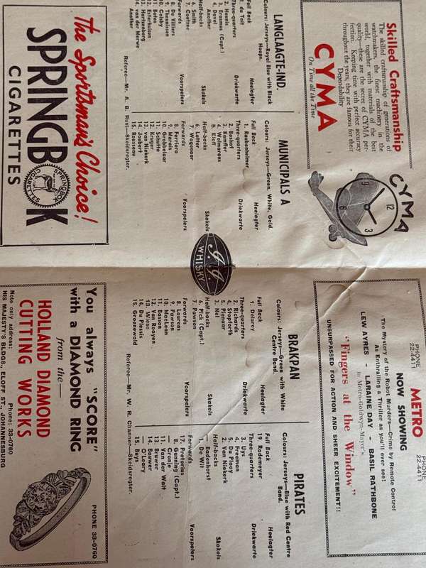 Rugby Programme - Pirates Rugby Club vs Brakpan Rugby Club 13/05/1944