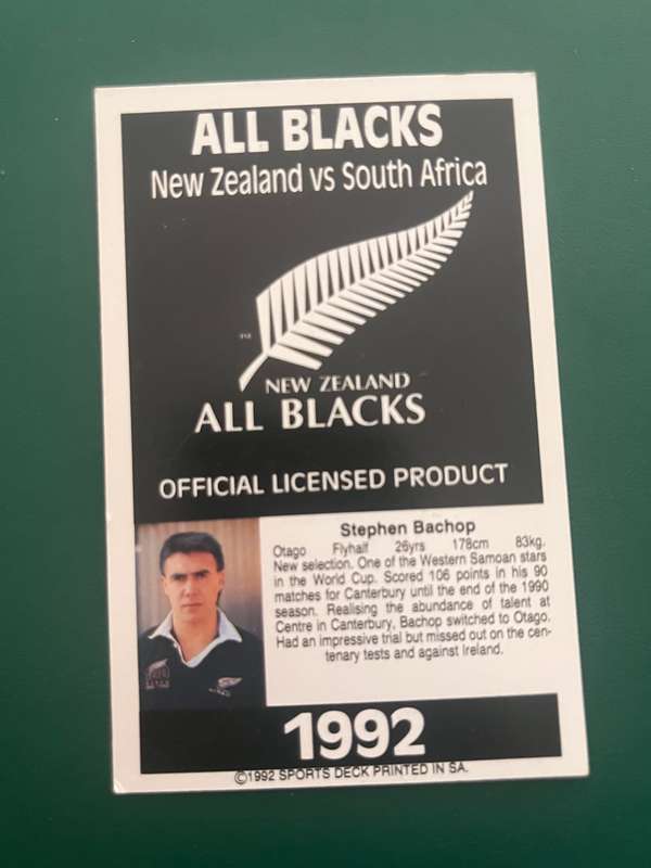 Rugby Card - Stephen Bachop 1992 Sports Deck Rugby Card