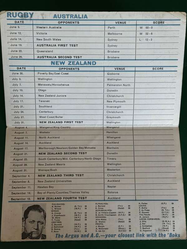 Rugby Itinerary - Australia/New Zealand All Blacks 1965 Rugby Tour issued by The Cape Argus