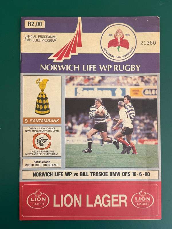 Rugby Programme - Western-Province vs Free State 16/06/1990