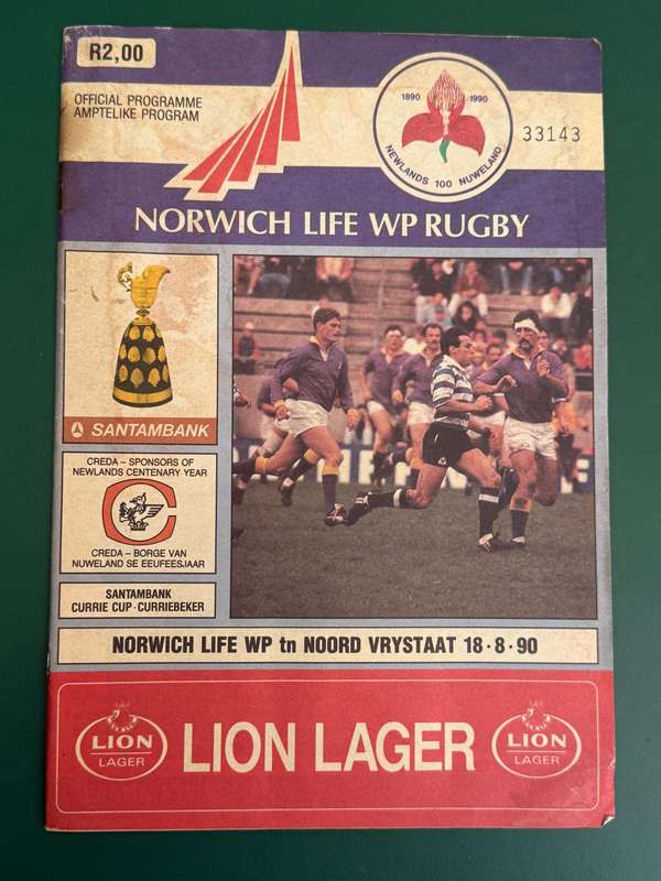 Rugby Programme - Western-Province vs Northern Free State 18/08/1990