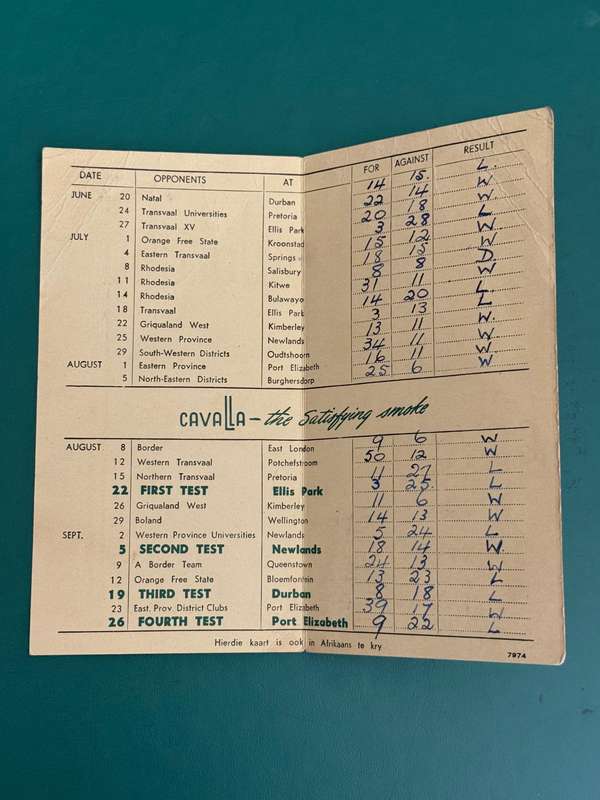 Rugby Itinerary - Wallaby Rugby Tour of South-Africa 1953 issued by Cavalla