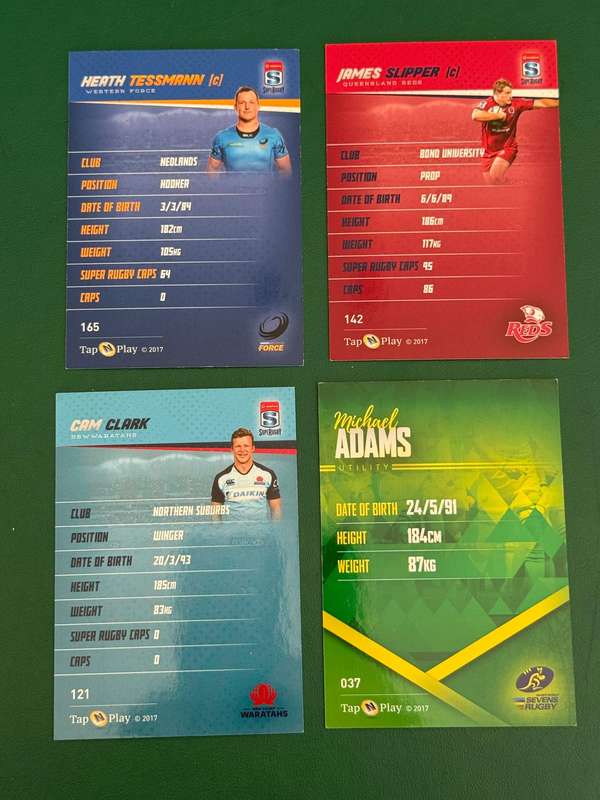 Rugby Cards - 4 (Four) * 2016 Tap and Play Australia/Super Rugby/Sevens Rugby Cards