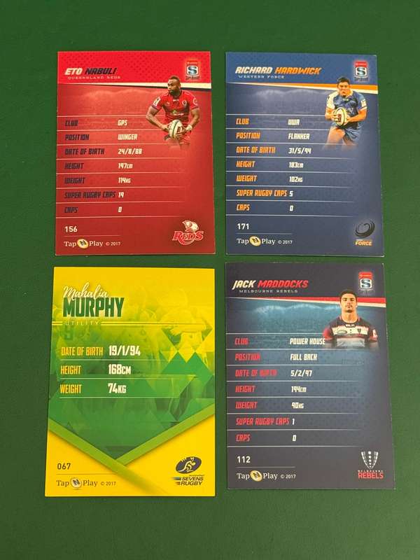 Rugby Cards - 4 (Four) * 2016 Tap and Play Australia/Super Rugby/Sevens Rugby Cards