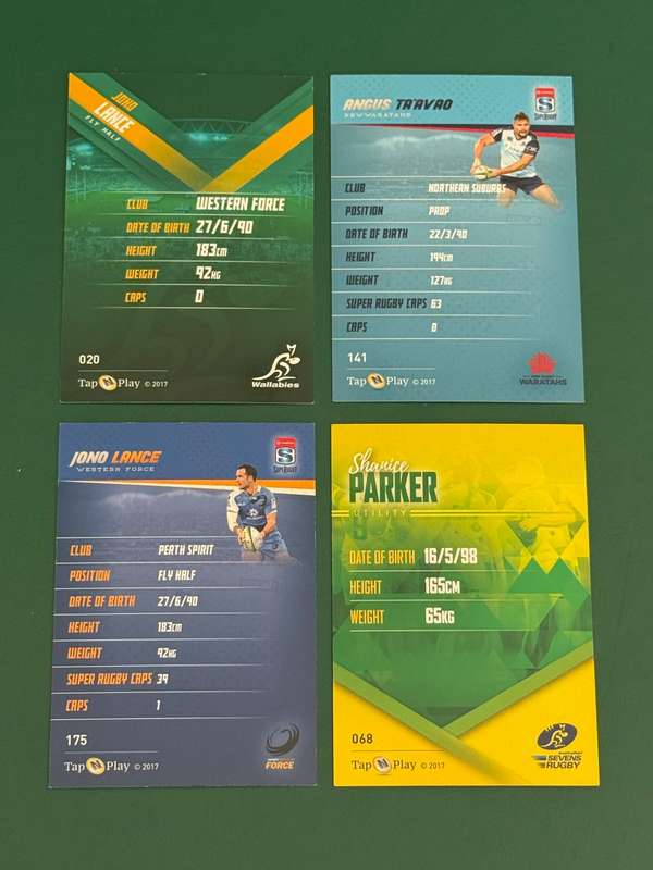 Rugby Cards - 4 (Four) * 2016 Tap and Play Australia/Super Rugby/Sevens Rugby Cards