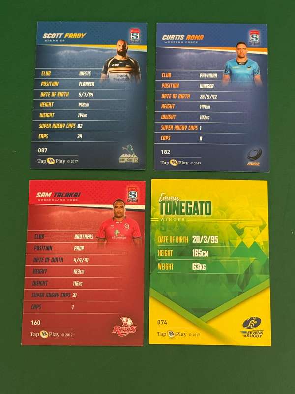 Rugby Cards - 4 (Four) * 2016 Tap and Play Australia/Super Rugby/Sevens Rugby Cards