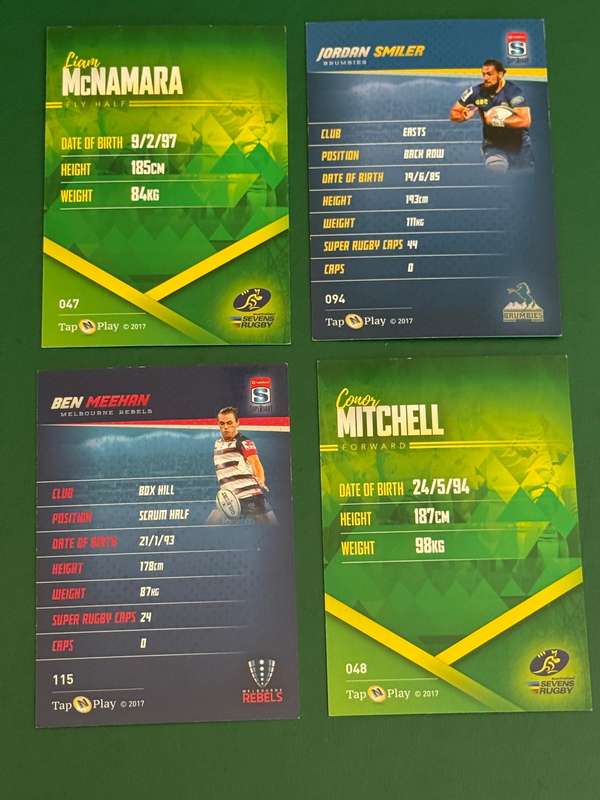 Rugby Cards - 4 (Four) * 2016 Tap and Play Australia/Super Rugby/Sevens Rugby Cards