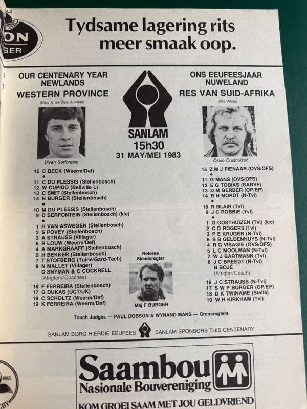 Rugby Programme - Western Province vs Rest of South-Africa 31/05/1983