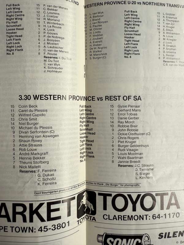 Rugby Programme - Western Province vs Rest of South-Africa 31/05/1983
