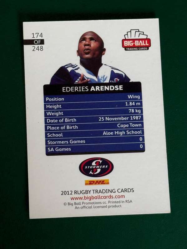 Rugby Card - *SIGNED* Ederies Arendse 2012 Big Ball Rugby Card