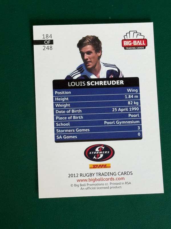 Rugby Card - *SIGNED* Louis Schreuder 2012 Big Ball Rugby Card