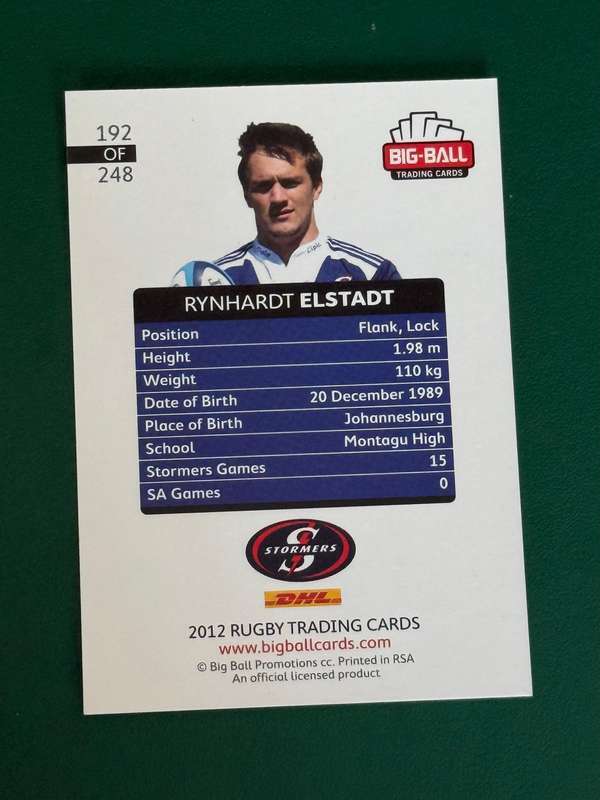 Rugby Card - *SIGNED* Rynhardt Elstadt 2012 Big Ball Rugby Card