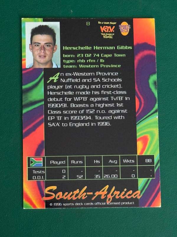 Cricket Card - *SIGNED* Herschelle Gibbs 1996 Sports Deck Cricket Card