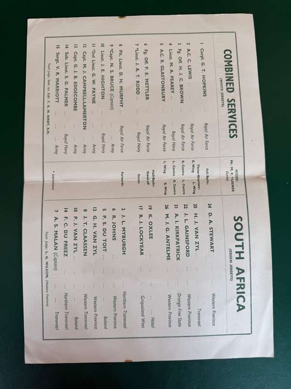 Rugby Programme - Combined Services vs South-Africa 26/12/1960