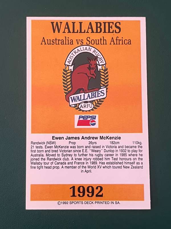Rugby Card - Ewen Mckenzie 1992 Sports Deck Rugby Card