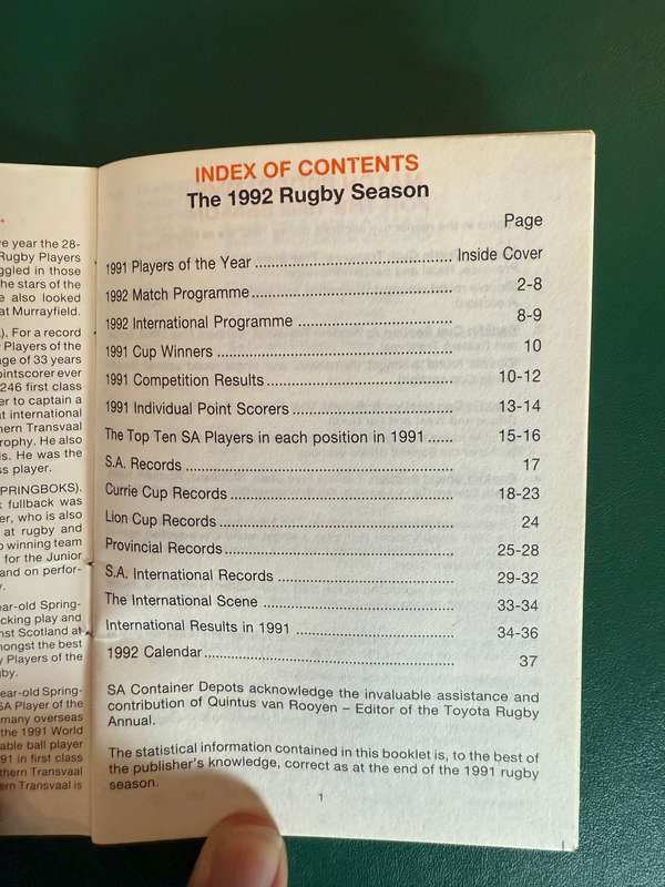 Rugby Itinerary - 1992 Rugby Season issued by SA Container Depots