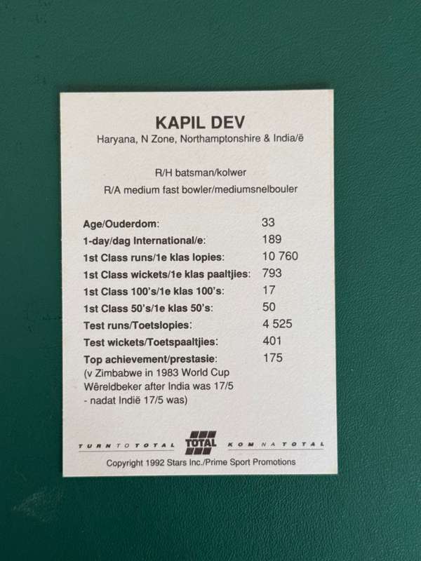 Cricket Card - Kapil Dev 1992 Total Cricket Card