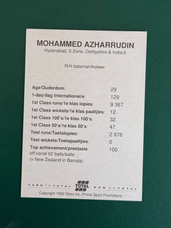 Cricket Card - Mohammed Azharrudin 1992 Total Cricket Card
