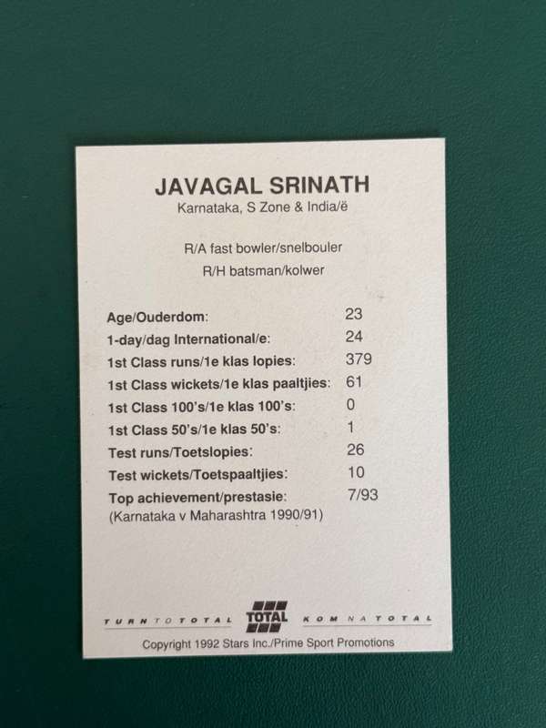 Cricket Card - Javagal Srinath 1992 Total Cricket Card