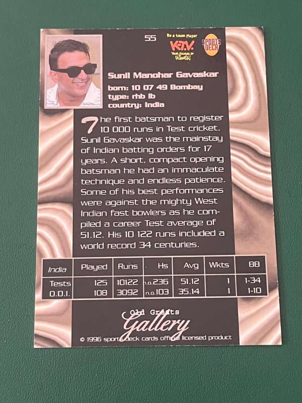 Cricket Card - Sunil Gavaskar 1996 Sports Deck Cricket Card (old greats gallery)