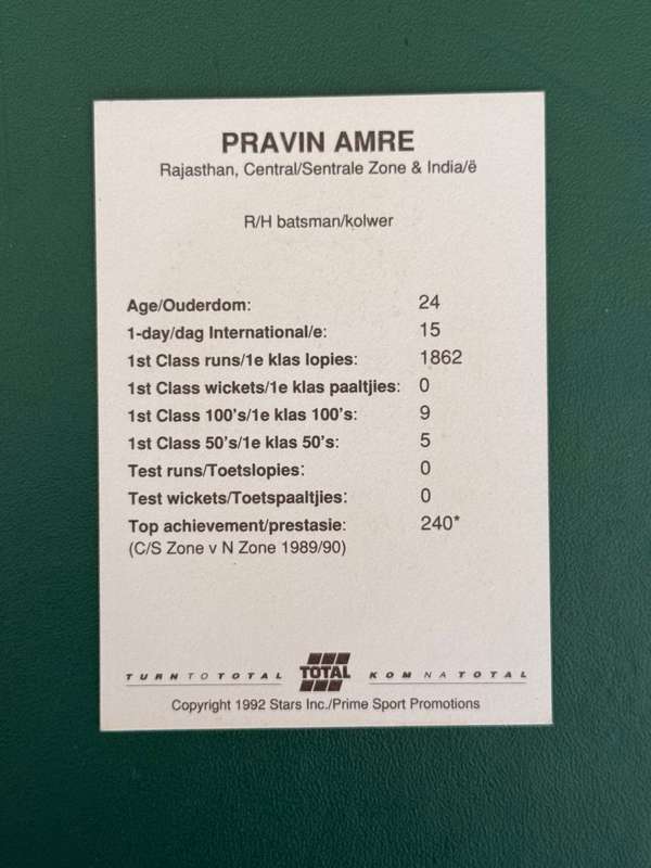 Cricket Card - Pravin Amre 1992 Total Cricket Card