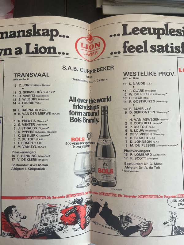 Rugby Programme - Transvaal vs Western Province 19/07/1980