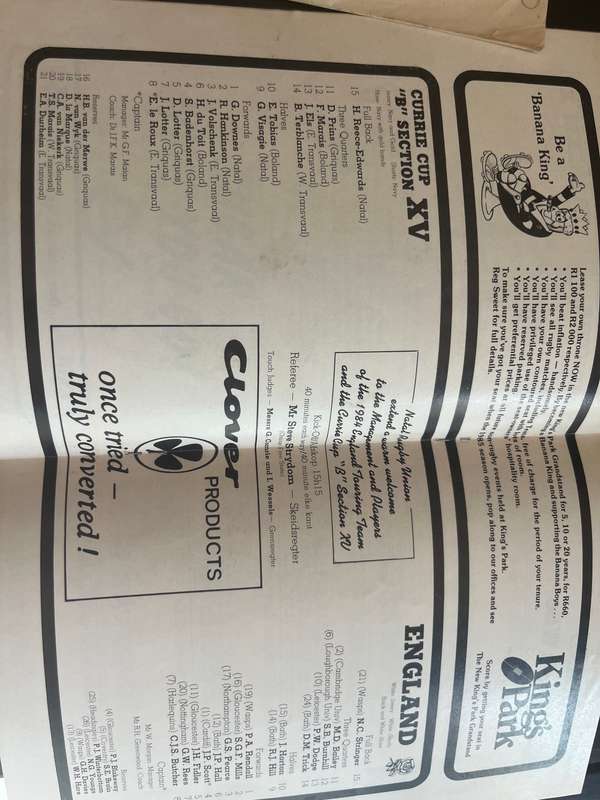Rugby Programme - *Tour Match* Currie Cup Section B XV vs England 19/05/1984
