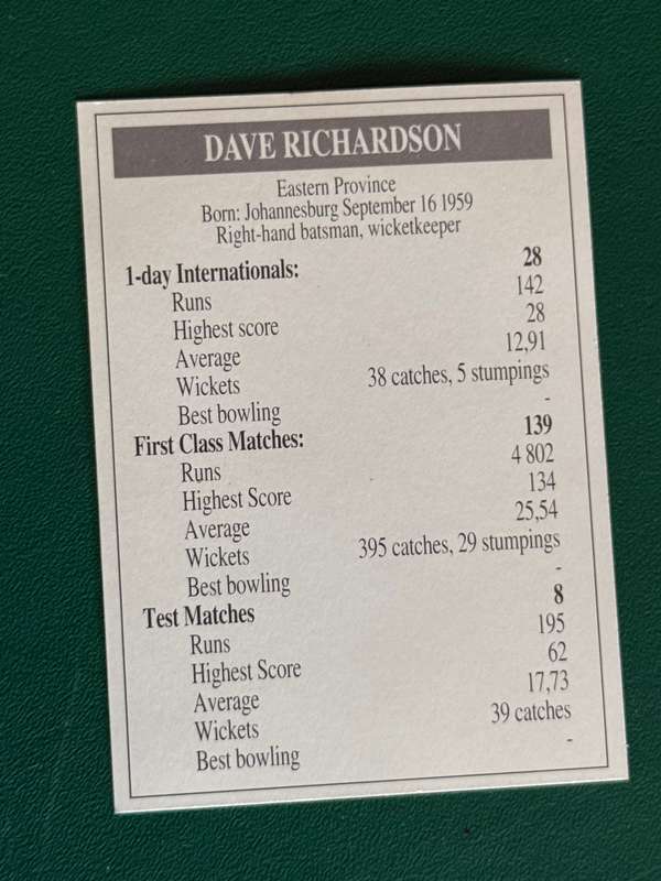 Cricket Card - Dave Richardson 1993 Topsport Cricket Card