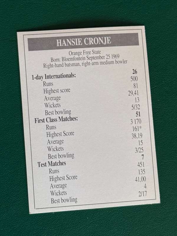Cricket Card - Hansie Cronje 1993 Topsport Cricket Card