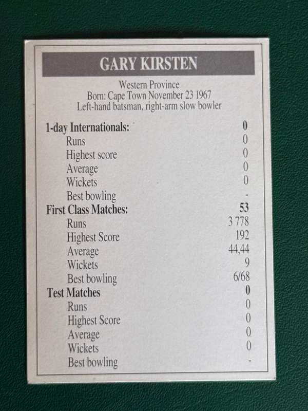 Cricket Card - Gary Kirsten 1993 Topsport Cricket Card