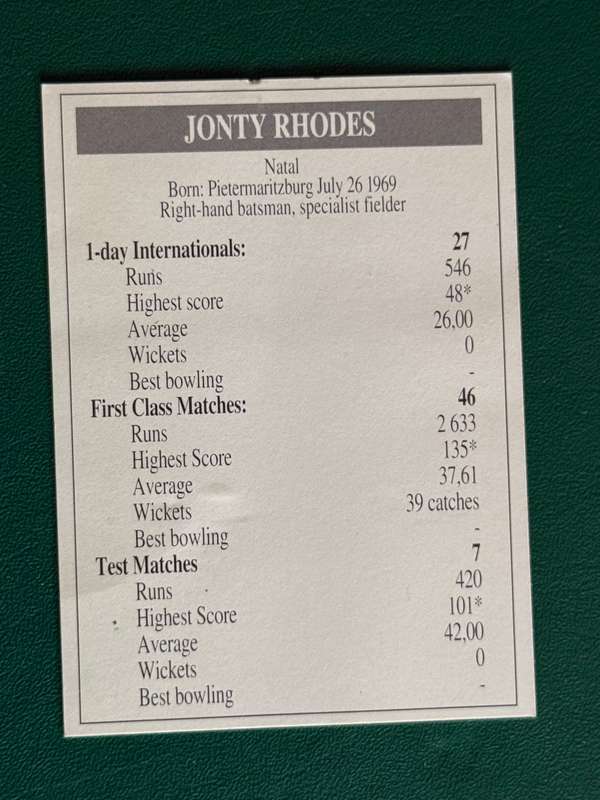 Cricket Card - Jonty Rhodes 1993 Topsport Cricket Card