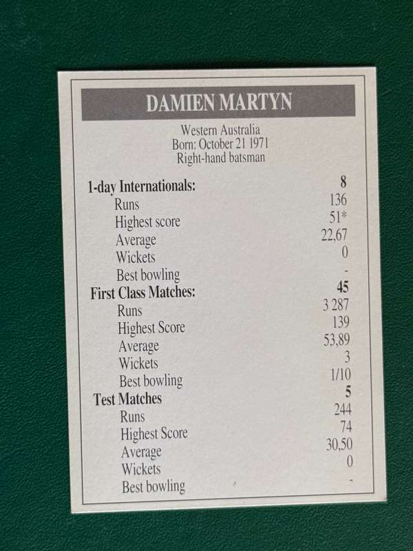 Cricket Card - Damien Martyn 1993 Topsport Cricket Card