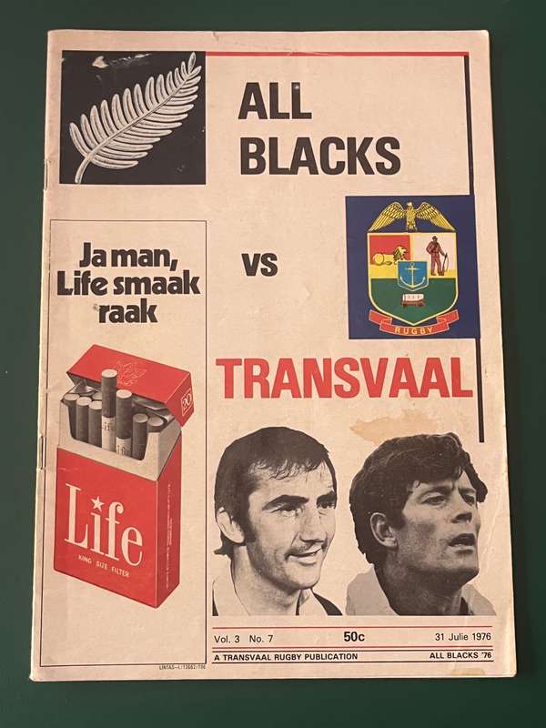 Rugby Programme - Transvaal vs All Blacks 31/07/1976