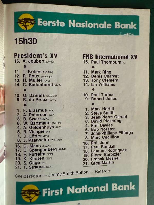 Rugby Programme - *Tour* FNB International XV vs Presidents XV 22/08/1989 (Boet Erasmus)