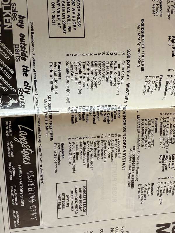Rugby Programme - Western Province vs Free State 15/08/1987