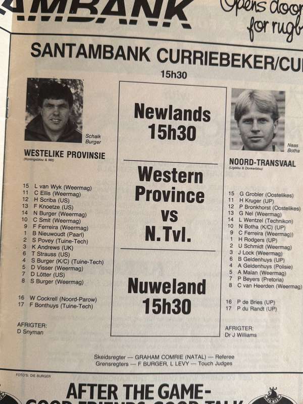 Rugby Programme - Western Province vs Northern-Transvaal 09/05/1987