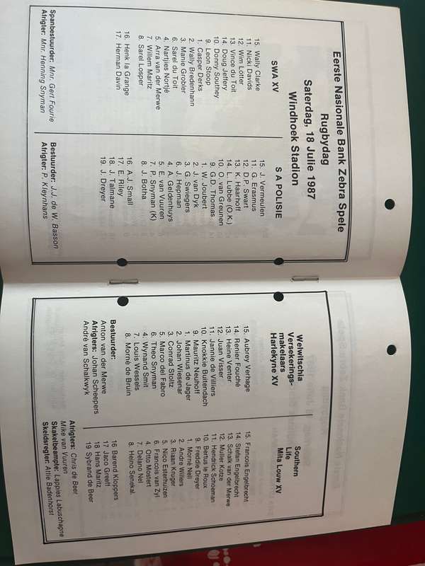 Rugby Programme - Zebra Spele/Games 1987