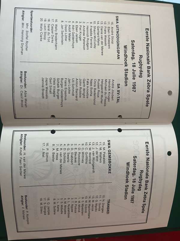 Rugby Programme - Zebra Spele/Games 1987
