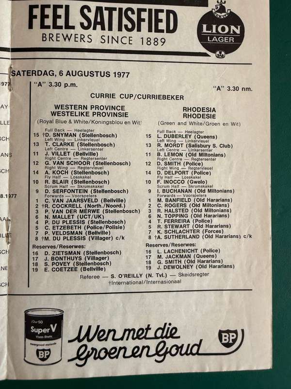 Rugby Programme - Western Province vs Rhodesia 06/08/1977