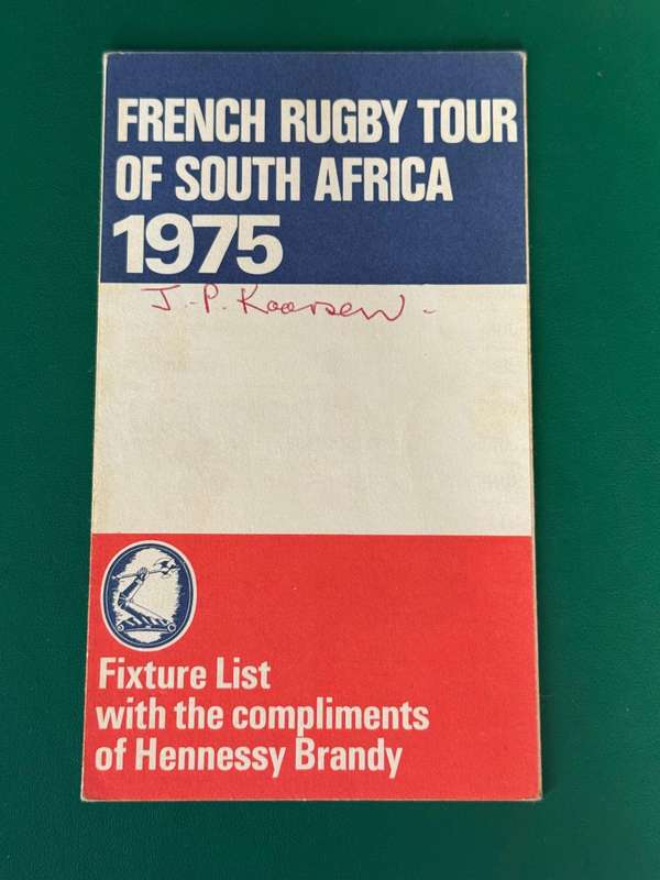Rugby Itinerary - 1975 French Rugby Tour of South-Africa issued by Hennessy Brandy