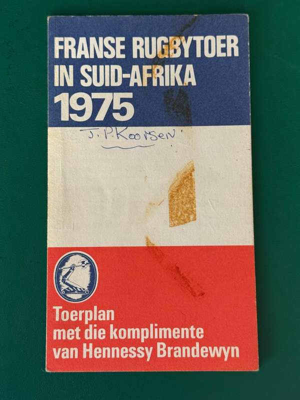 Rugby Itinerary - 1975 French Rugby Tour of South-Africa issued by Hennessy Brandy