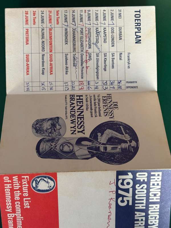 Rugby Itinerary - 1975 French Rugby Tour of South-Africa issued by Hennessy Brandy