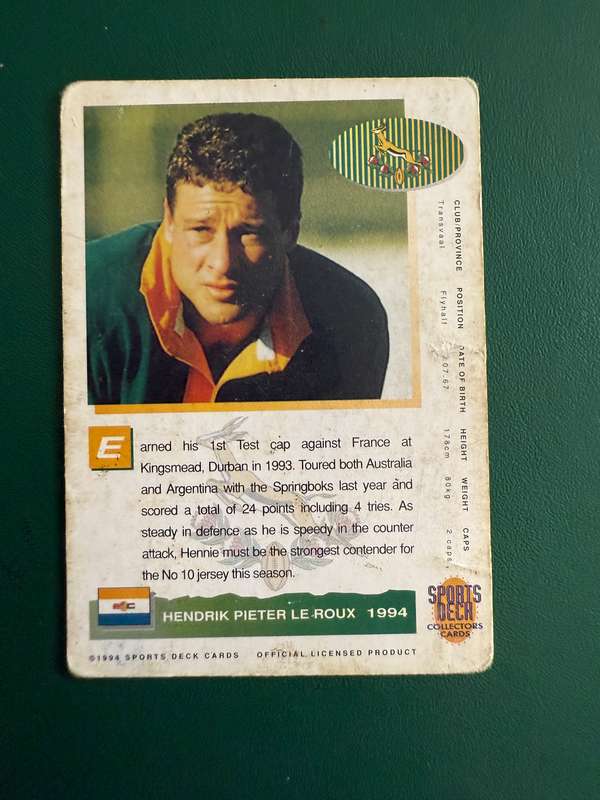 Rugby Card - Hennie le Roux (Nr21/90) 1994 Sports Deck Rugby Card
