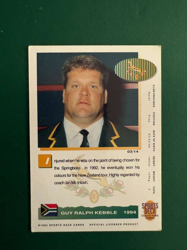 Rugby Card - Guy Kebble (Nr03/14 Subset) 1994 Sports Deck Rugby Card